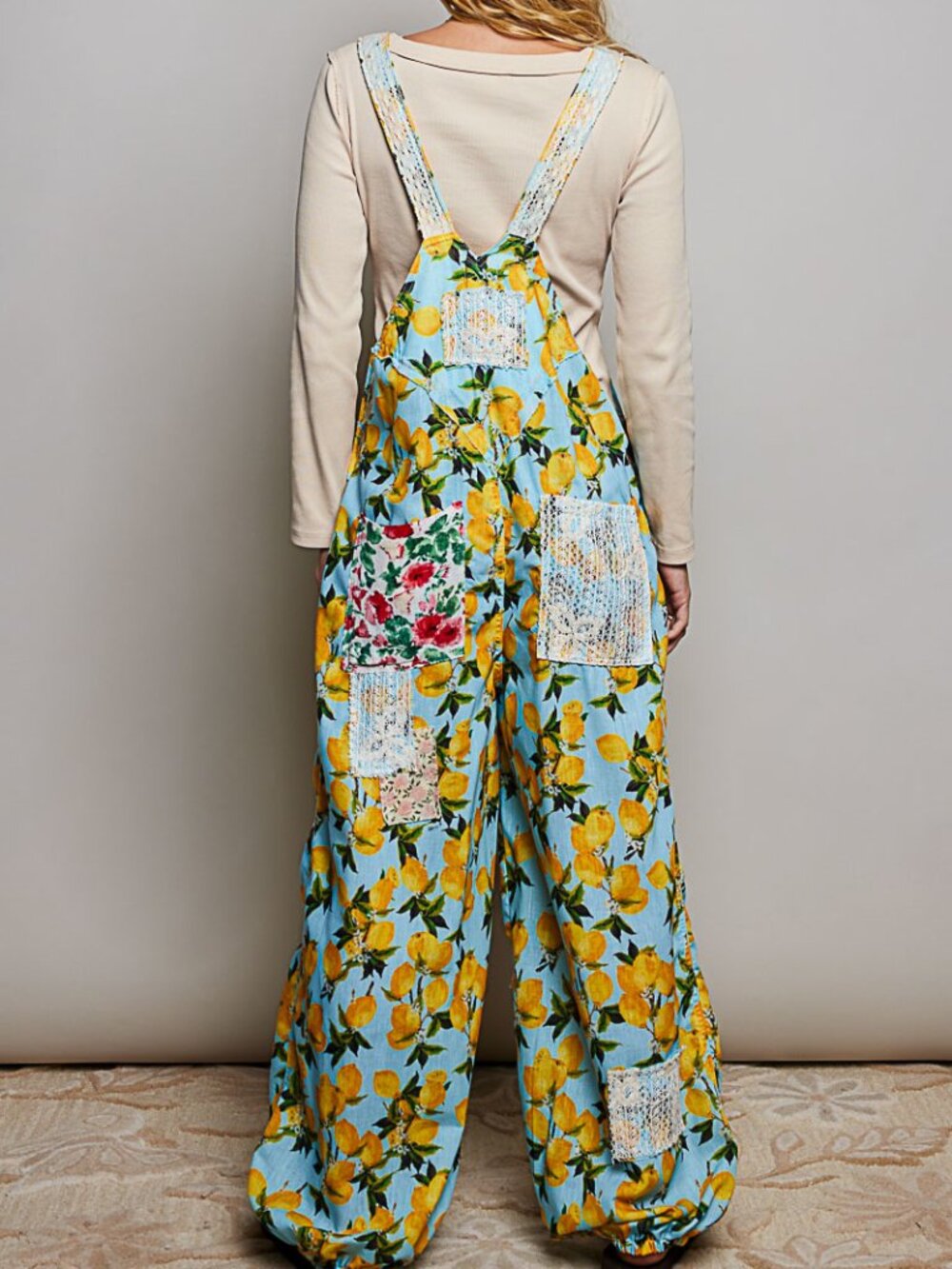 POL Sky Blue & Lemons Woven Patchwork Overall - Picture 5 of 7